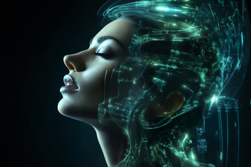fashion portrait of a beautiful woman with an abstract hologram around her face, holographic pattern on a dark background, cyber art concept