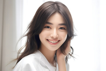 A smiling Asian woman beautifully rendered in sepia tones on an empty background, with a vintage-inspired aesthetic enhanced by sharp, defined lines Generative AI.