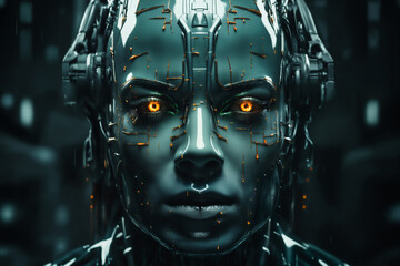 portrait of a woman with a holographic texture on her head, dark background with glow, cyber art, digital future concept