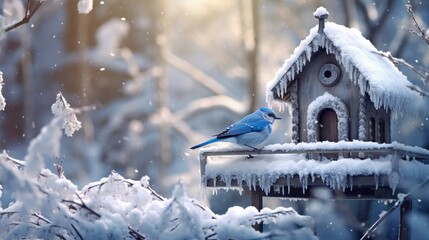 Bluebird perches on a snowy birdhouse in a winter wonderland.