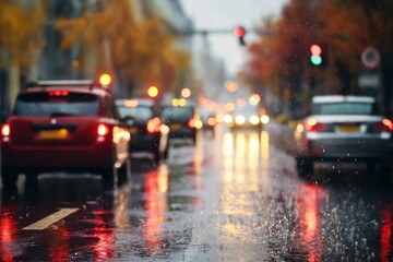 busy traffic on a wet city road on a rainy evening, city street in late autumn season