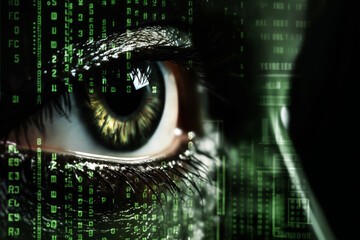 the human eye with a digital implant and holo on face, the concept of augmented reality and digital vision of the future, information processing, artificial intelligence