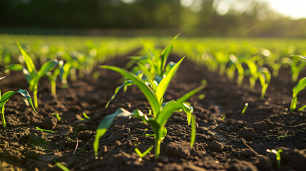 Close up of young corn plants in the field