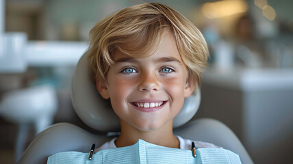 A smiling kid sitting in a dental chair at the dentist, teeth cleaning and examination concept,generative ai