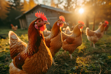 Fototapeta premium A vibrant group of gallinaceous birds, with colorful combs and feathers, stand proudly in the lush green grass of a farm yard, showcasing the beauty and diversity of outdoor poultry life