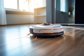 robot vacuum cleaner in modern smart home on wooden floorю Modern smart cleaning technology housekeeping.