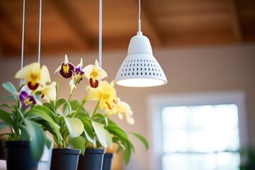 led grow lights shining on orchids indoors