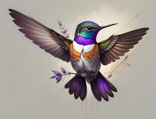 Kolibri auf einem Ast mit einem grün lila Hals - obrazy, fototapety, plakaty