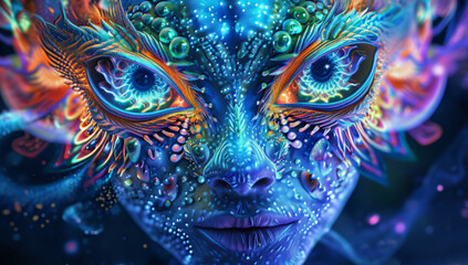 DMT or LSD psychedelic human vision of geometric creatures from other worlds other, dimentions. Mama Ayahuasca, drug, psychedelic divine cosmic trippy godly spiritual entity. Expanded Consciousness.