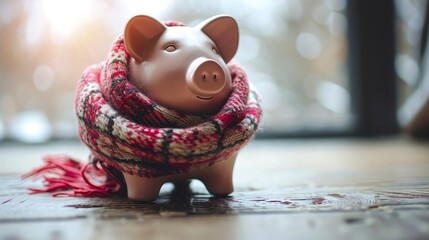 A piggy bank snug in a warm scarf by a frosty window, symbolizing savings in winter.