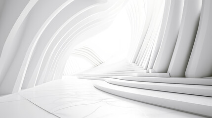 Abstract image of a tunnel hallway with white and gray curves swirling inward, 3D illustration.