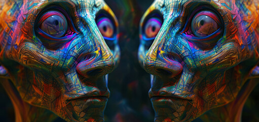 Fototapeta premium DMT or LSD psychedelic human vision of geometric creatures from other worlds other, dimentions. Mama Ayahuasca, drug, psychedelic divine cosmic trippy godly spiritual entity. Expanded Consciousness.