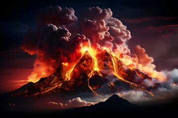 Volcano erupted, with red lava flowing down from the mountain and black smoke billowing throughout area. Create air and environmental pollution. Realistic clipart template pattern.