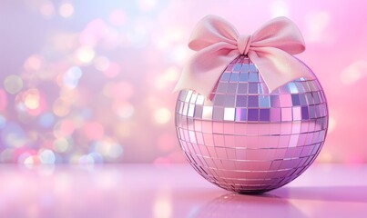 Fototapeta na wymiar Disco ball with a bow on the pale pink background with bokeh. Retro Valentine's day concept. Festive digital picture. Good for banner, template, flyer, design.