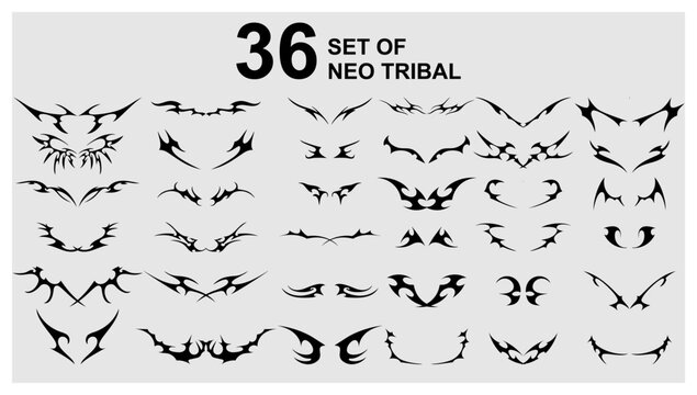 Vector set Neo tribal shape. Gothic Y2K sharp elements, abstract symmetrical design, various decorative elements. Acid Neo-tribal shapes. Tattoo. Neo Gothic. Organic fluid shapes. Brutality futuristic