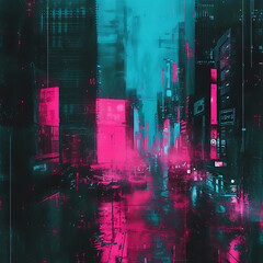 Cyberpunk city lights gradient in neon pink, teal, and electric blue, enhanced by a grainy texture for a futuristic tech-themed poster. 