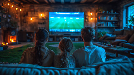Caucasian family watching tv with football match on screen. Global sport concept, digital composite image, generative ai