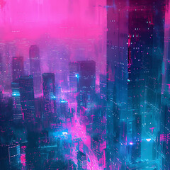 Cyberpunk city lights gradient in neon pink, teal, and electric blue, enhanced by a grainy texture for a futuristic tech-themed poster. 