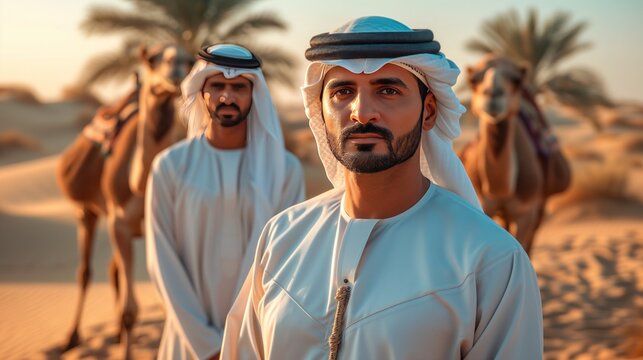 Group Of Arab Man In White Clothes With Camel At Background Dubai, UAE