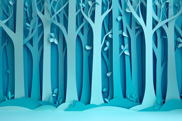 Paper-cut style trees and forest scene illustrations, green natural landscape solar terms illustrations