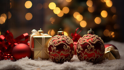 Christmas decoration on bokeh background, christmas tree and gifts