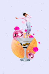 Vertical collage picture of mini excited girl stand big martini cocktail glass dancing disco ball...