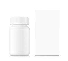 White bottle with box mockup isolated on white background.  Front view. Can be used for medical, cosmetic, food. Vector illustration. EPS10.	