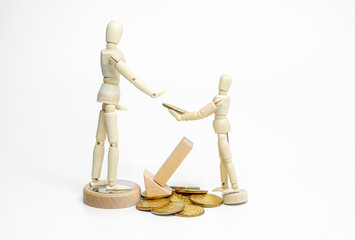 Wooden doll with wooden toy block isolated on white background. business or creative concept