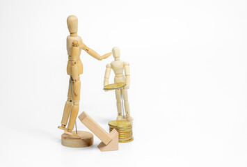 Wooden doll with wooden toy block isolated on white background. business or creative concept