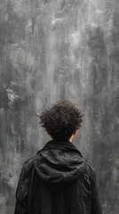 Naklejka premium A young man wearing a black jacket stands in front of a gray concrete wall.