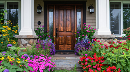 Fototapeta na wymiar Colorful summer flowers surround an elegant wood door
