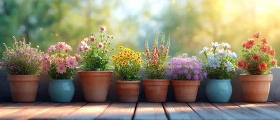 Gordijnen Gardening background with flowerpots in sunny spring or summer garden, generative ai © Suralai