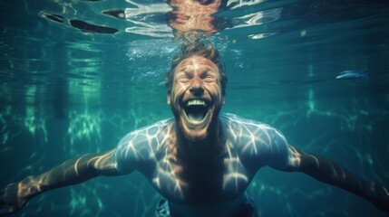 Close-up of a happy crazy man swimming underwater in a pool. Healthy lifestyle, Vacations, travel, Sports and swimming concepts.