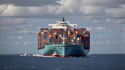 A Loaded Container Cargo Ship is Seen Ahead Above The Ocean. Generative AI