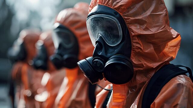 A team of analysts suited up and preparing to enter a contaminated building to collect air samples.