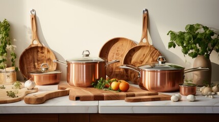 Copper cookware set on a wooden kitchen counter. - obrazy, fototapety, plakaty