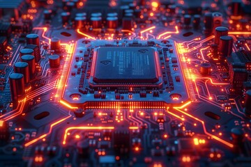 A powerful CPU sits at the heart of a motherboard, aglow with red circuitry