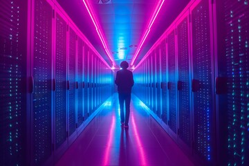Person standing in a futuristic data center corridor with neon lights