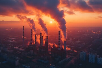 Sunrise casting a warm glow over heavy smoke emissions from factory chimneys - obrazy, fototapety, plakaty
