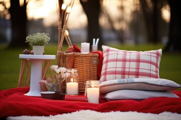 red and white blanket with picnic wares and lit candles