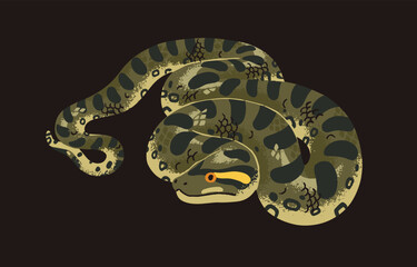 Giant green anaconda. Wild common water boa. Huge exotic tropical serpent. Dangerous big snake with patterned scale. Inhabitant of Amazonian jungle. Rainforest fauna. Flat isolated vector illustration
