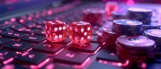 Online gambling, casino chips, cards and dice laying on laptop keyboard, internet betting gaming addiction, generative ai. - obrazy, fototapety, plakaty