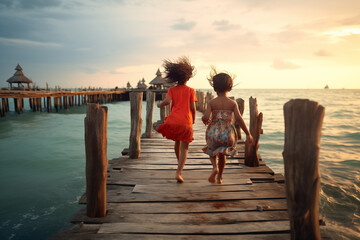 Sisters walking along a wooden pier in a paradise sea