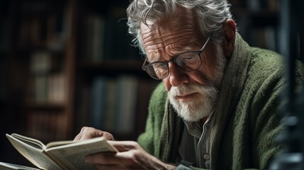 Elderly Man Deep in Concentration Reading a Book in a Library