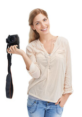 Portrait, photographer and happy woman with camera in studio isolated on a white background....