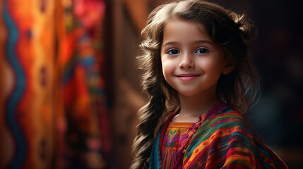 Fototapeta premium portrait of a beautiful girl in colorful clothes and colorful background