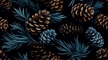 Christmas pattern with pine cones  and fir branches on a dark background