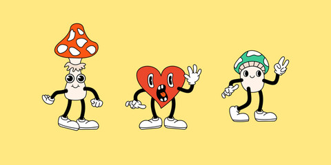 Set of Retro Cartoon mushroom and heart characters mascots illustrations