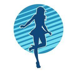 Silhouette of a female dancer wearing mini skirt in action pose. Silhouette of a slim woman dancing happily.