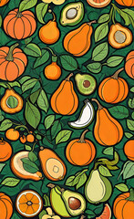 Abstract patterns and ornament with fruits, vintage modern style vector illustration, seamless illustration with abstract fruit shapes, Fresh organic background print concept. geometric collage,